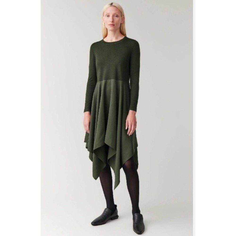 COS Forest Green Wool Knit Lyocell Twill Asymmetrical  Midi Hem Tunic Dress XS S